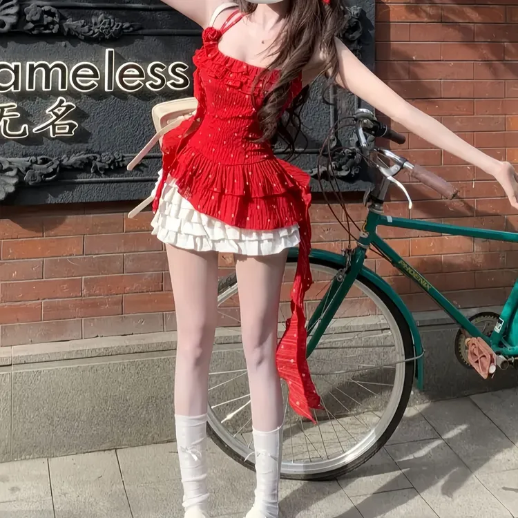 浪漫玫瑰 夏季纯欲风不规则红色无袖背心吊带上衣蓬蓬短裙两件套