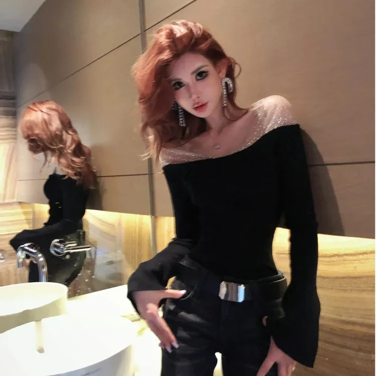 【现货】婉君【权威许妍】冬季“绵羊毛“混纺针织衫烫钻上衣