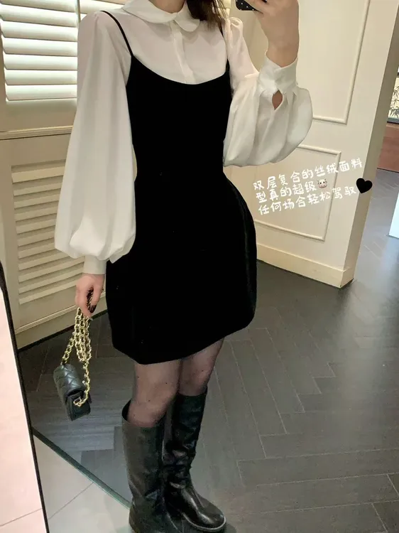 法式千金风白色交叠领长袖衬衫女秋季叠穿黑色丝绒吊带连衣裙套装