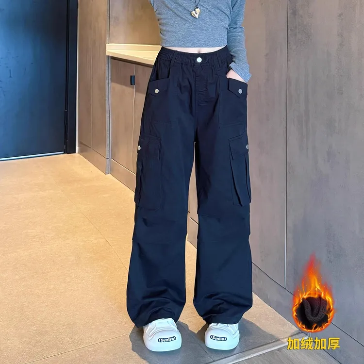 女童加绒工装裤秋冬款2025新款洋气大童加厚一体绒阔腿裤儿童裤子