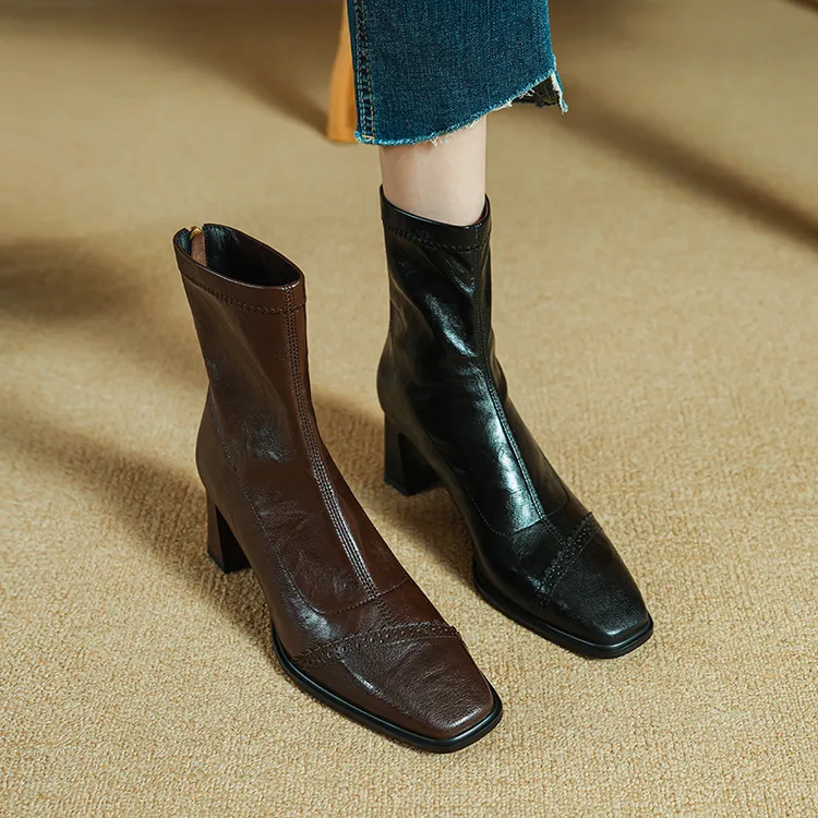 跟高6cm/秋冬英伦风短靴女粗跟高跟瘦瘦靴短靴弹力袜靴