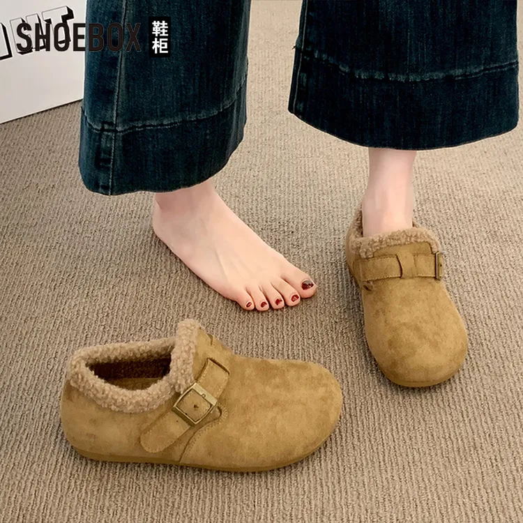 达芙妮集团旗下加绒勃肯鞋女2025新款秋冬保暖豆豆乐福鞋毛毛棉鞋