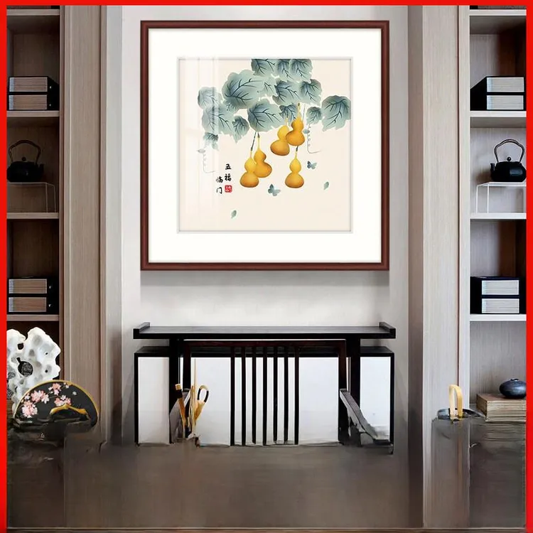 新中式五福临门葫芦斗方装饰画玄关入户走廊过道宋式美学餐厅挂画