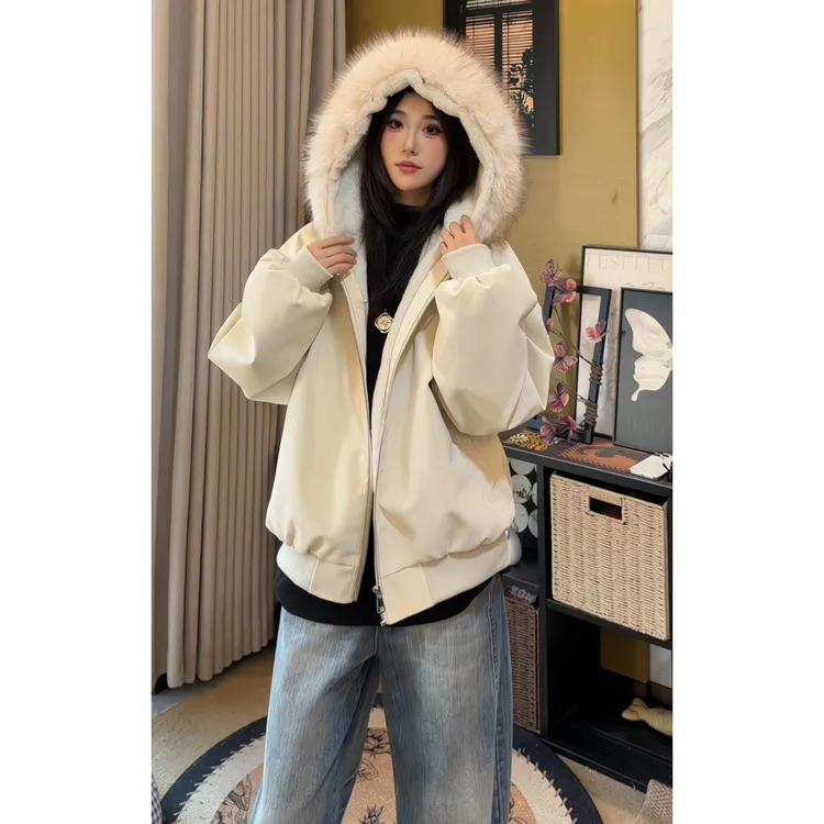 BVFEIED男女同款荔枝皮新款大理石座山连帽绒毛加厚情侣外套棉服