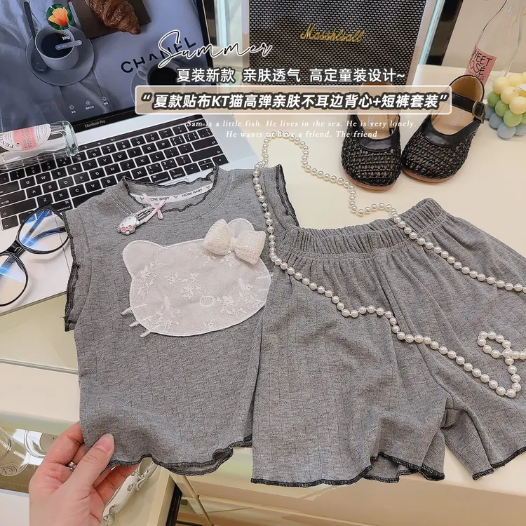 【高定提花套装】女童洋气猫咪短袖短裤木耳边两件套