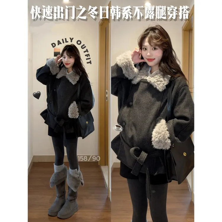 灰色短款毛呢大衣毛领外套女秋冬季加绒加厚超好看冬装老钱风穿搭
