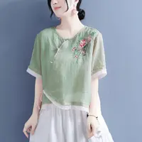 【清货+运费险】盘扣刺绣斜襟五分袖民族风不对称半袖棉麻上衣Y915
