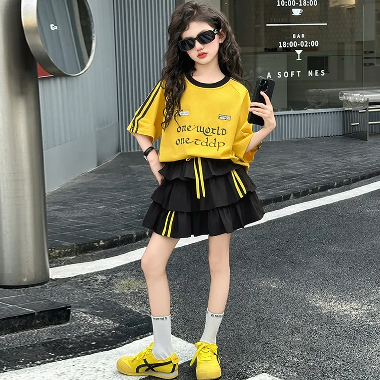 女童美式复古休闲套装裙夏季宽松拼色字母短袖t恤蛋糕裙两件套潮