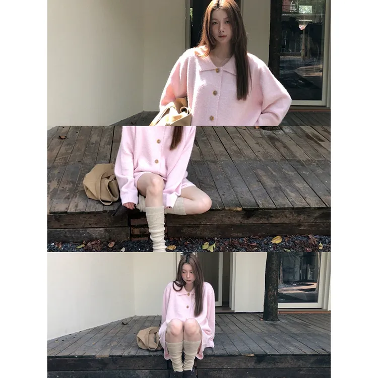【粉红泡泡针织衫】秋冬韩系甜美少女娃娃领小众时尚针织衫8133