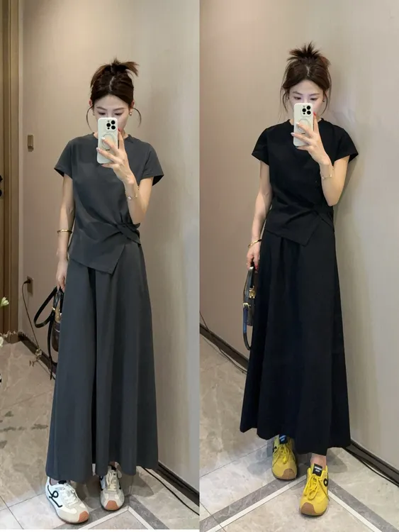 【杨二迪专属】欧洲高端气质休闲套装女士夏季新款短袖半身裙两件套