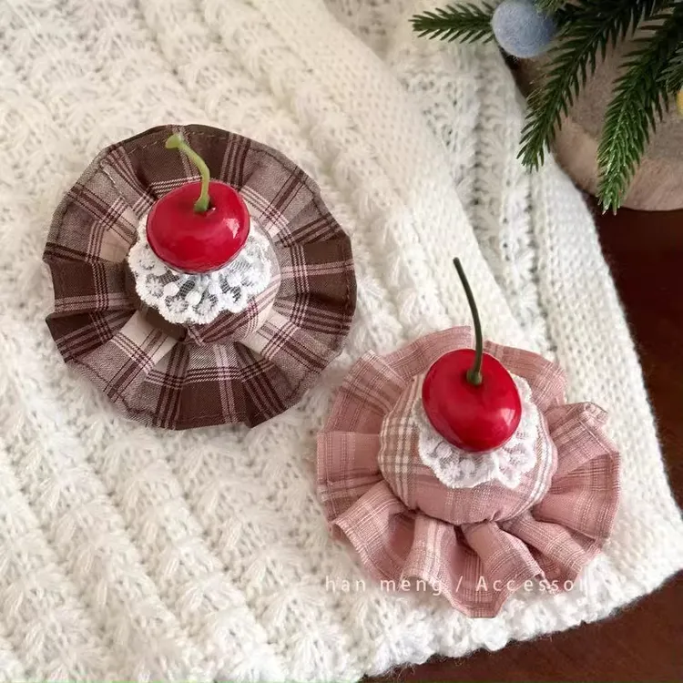 早春新款格子蛋糕樱桃帽子发夹甜美可爱蕾丝百搭生日发卡头饰饰品