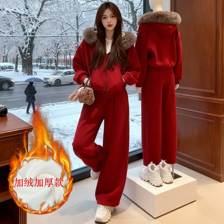 拉夏贝尔洋气休闲运动套装女2025冬加绒红色外套上衣阔腿裤两件套