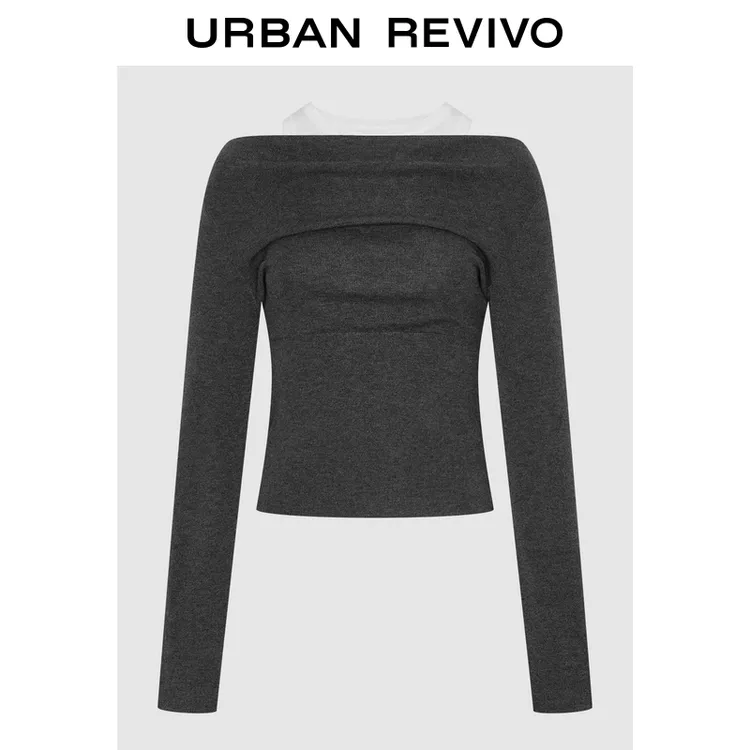 UR2025冬季新款女装魅力撞色假两件褶皱短款针织衫UWG950280