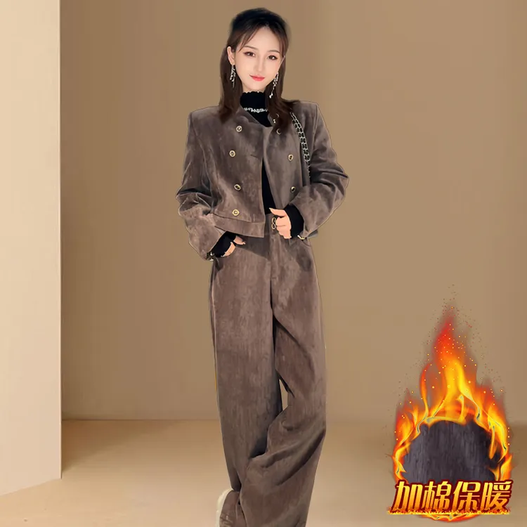 加厚时尚复古老钱风套装女2025秋冬新款气质开衫外套阔腿裤两件套