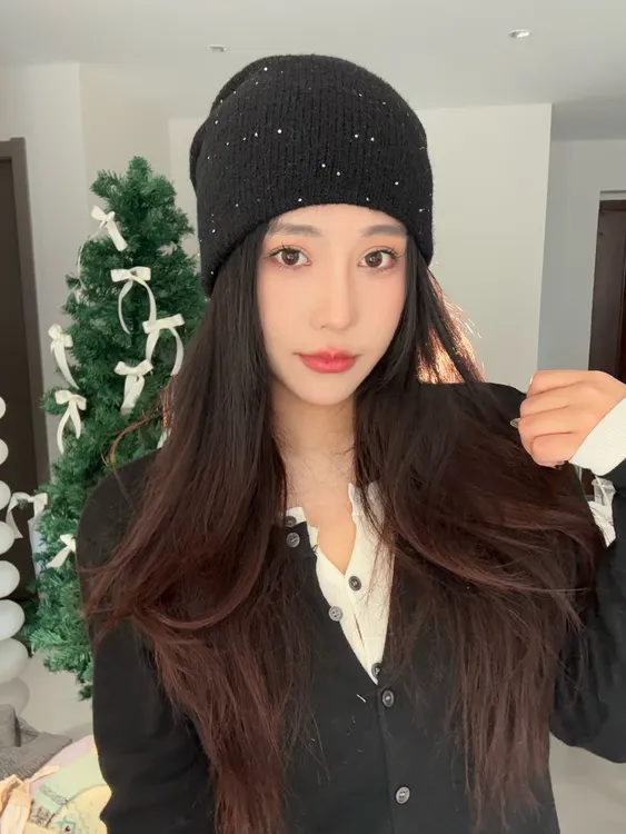 高级感闪片双层加厚针织帽子2024新款秋冬时髦百搭显脸小冷帽