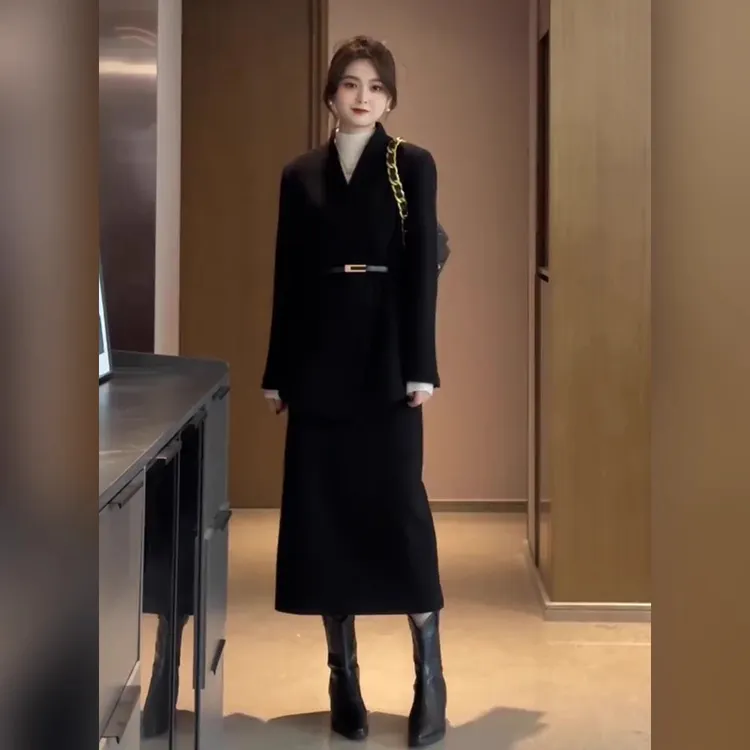 气场强大女装高级感御姐套装微胖mm高端毛呢外套高腰半身裙两件套