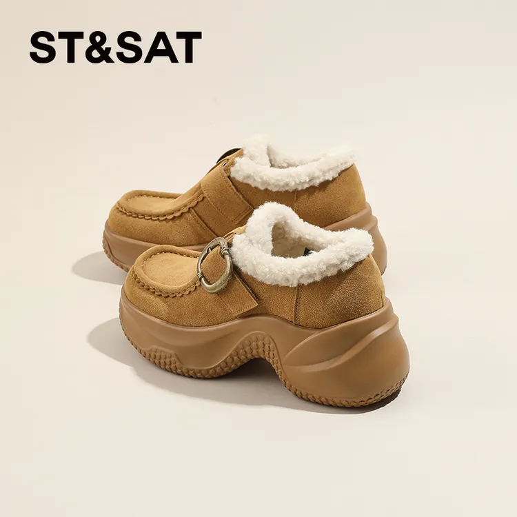 星期六一脚蹬乐福鞋女2025新款冬款加绒保暖棉鞋厚底复古皮鞋女款