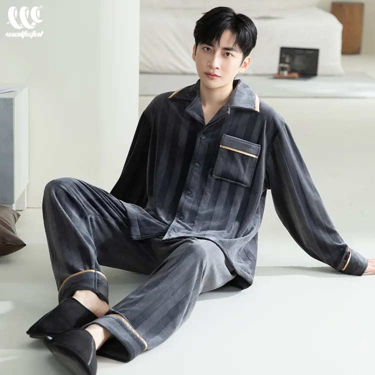 睡衣男士秋冬款海岛绒加厚加绒长袖条纹珊瑚绒大码家居服春秋套装