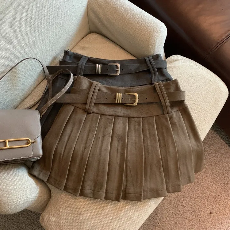 美拉德风咖色鹿皮绒百褶短裙女秋冬美式半身裙辣妹低腰显瘦a字裙