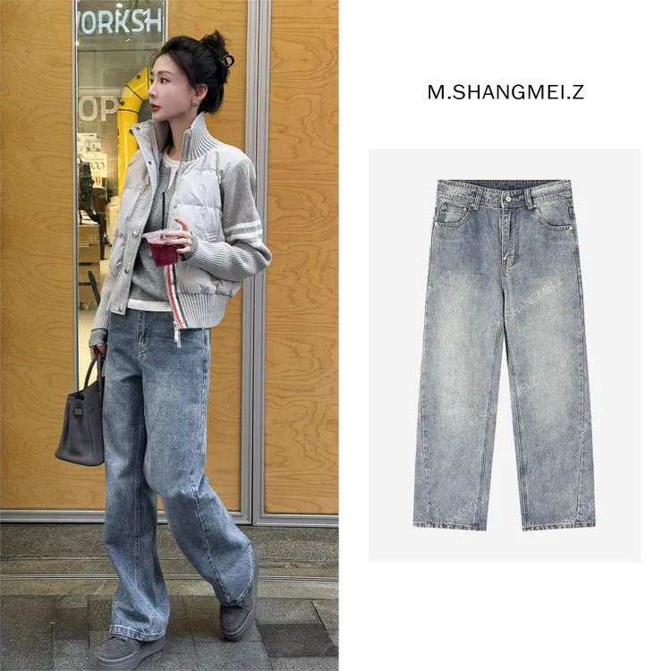 M.SHANGMEI.Z/沐熙【暖绒纤腿】美大哥复古蓝保暖鹅绒牛仔裤X123373