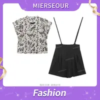 新款蝴蝶印花背带裤套装女6138