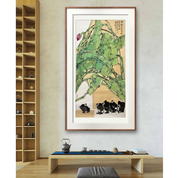 新中式原创国画马新梅 手绘代表作红花绿叶系列70*140cm 带合影