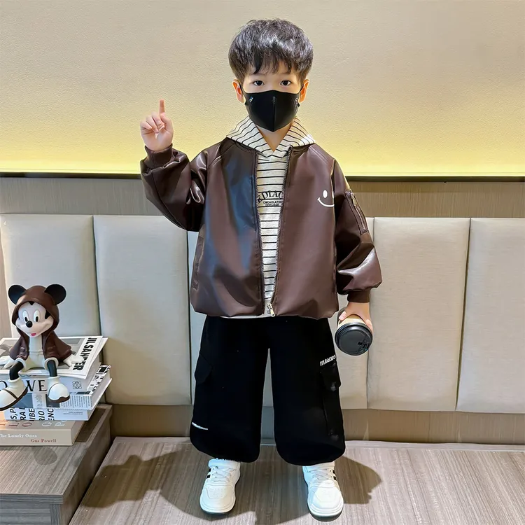 男童秋装外套痞帅中小童春秋连帽卫衣皮衣两件套2025新款洋气童装