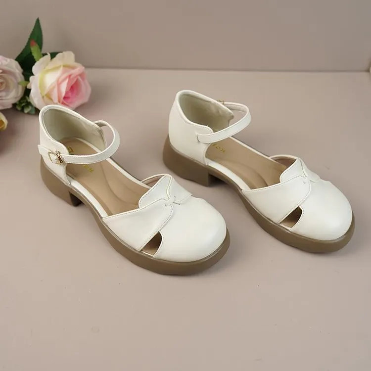 热卖包头凉鞋女2025夏季新款粗跟一字带镂空厚底女鞋舒适百搭真皮