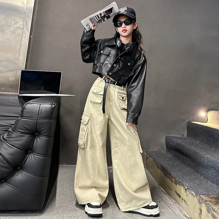 女童春秋款潮酷短款齐腰皮衣外套中大童宽松痞帅工装裤阔腿裤潮