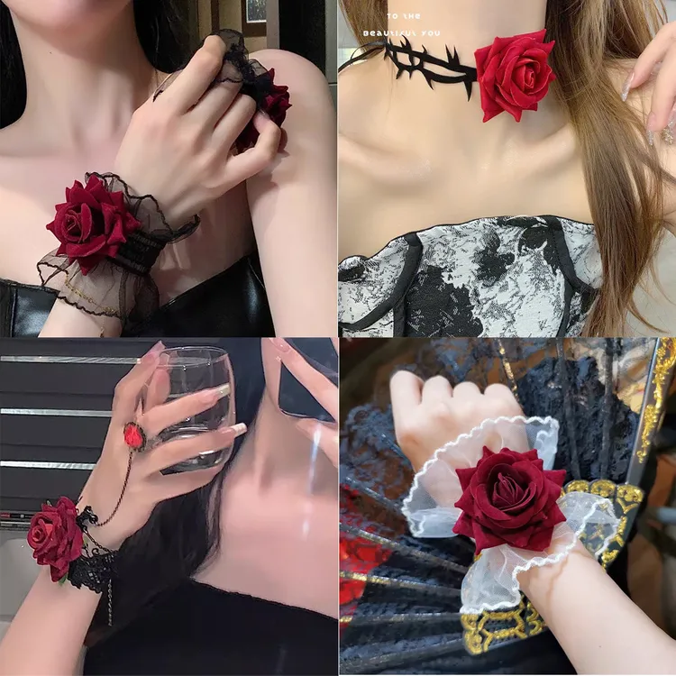 非金属布艺手链 时尚蕾丝手腕腕玫瑰花配饰洛丽塔手链新娘手花
