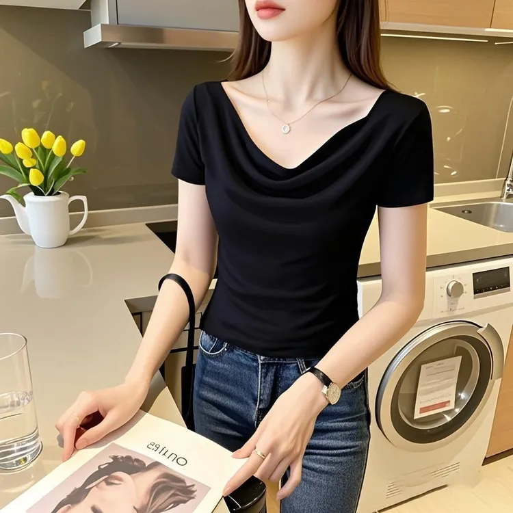 莫代尔荡领一字肩正肩短袖T恤女新款夏季纯欲辣妹小众显瘦上衣潮