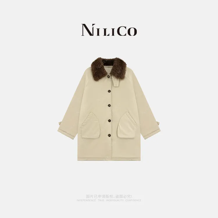 NILICO【杏茶绒领】复古工装翻领百搭长袖休闲风中长款棉服外套