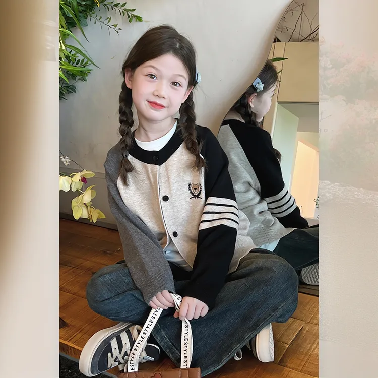 儿童撞色条纹针织开衫大童装洋气韩版毛衣外套女童2025春秋新款