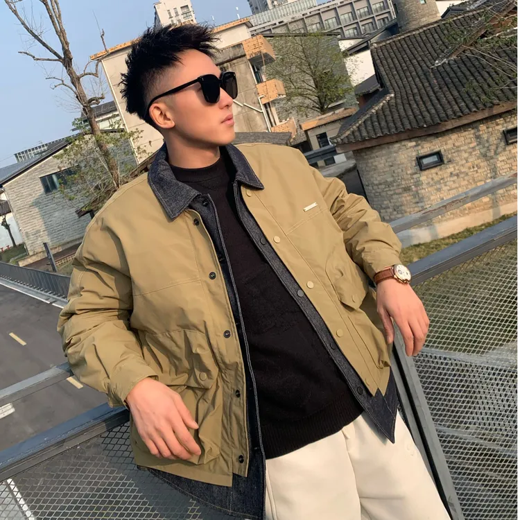 逸傧冬季假两件牛仔拼接棉服男时尚轻薄保暖棉衣2024新款冬装外套