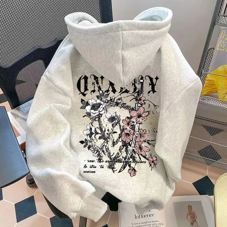 加绒加厚重磅连帽卫衣美式高街复古图案潮牌秋冬新款男装宽松外套