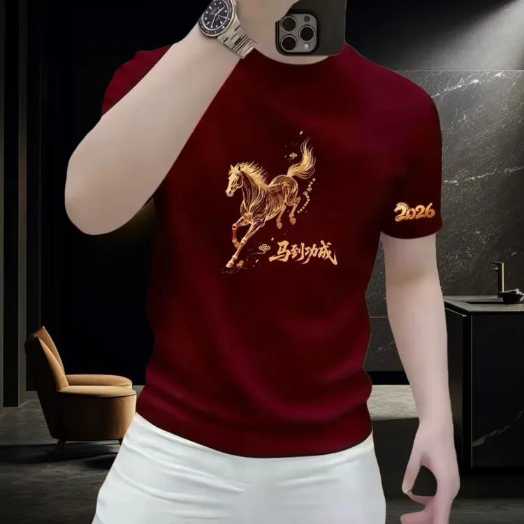 2026马年夏季新款纯棉印花男士红色高级感宽松休闲百搭短袖T恤