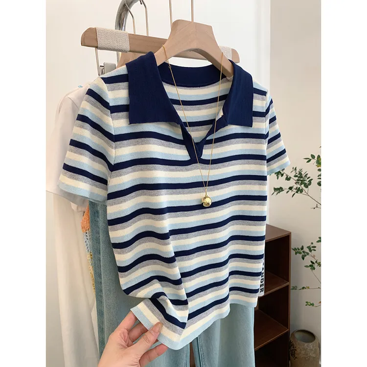条纹海鸥v领polo衫针织短袖t恤女小个子短款正肩直筒显瘦气质上衣