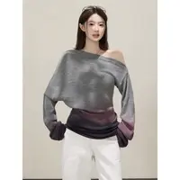 谢不肉 渐变斜肩修身撞色毛衣女秋韩版休闲高级感针织上衣50685