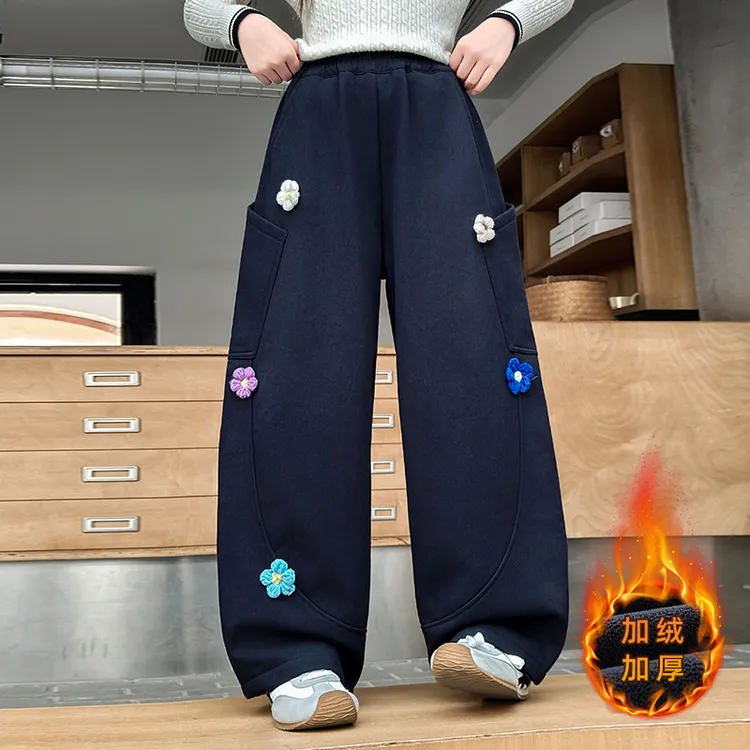 女童加绒休闲裤2025新款洋气时尚立体花朵裤子6-12岁中大童弯刀裤