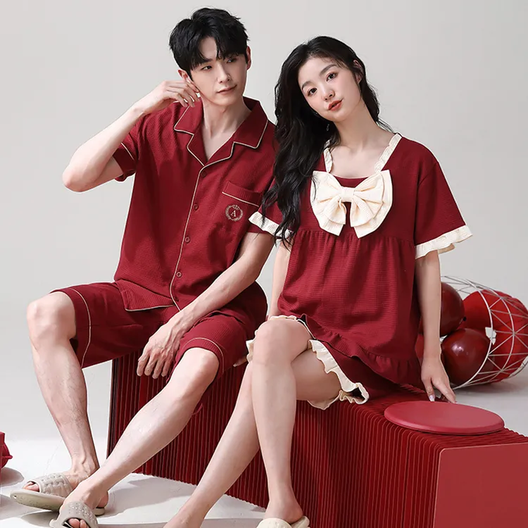 【礼盒装】100%纯棉新婚结婚情侣睡衣夏季短袖酒红色男女家居服套装