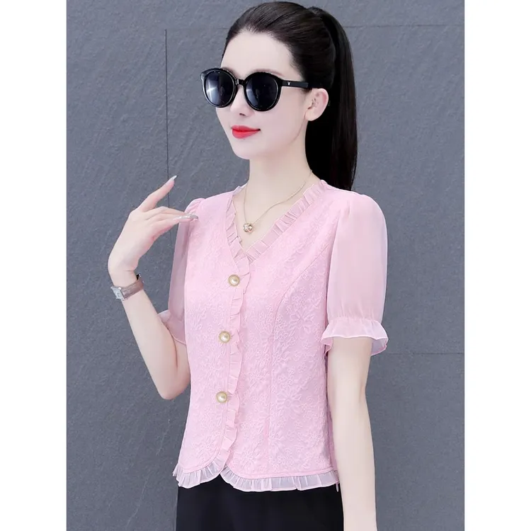 La babite短袖雪纺上衣女2025夏短款收腰蕾丝衬衫木耳边洋气小衫