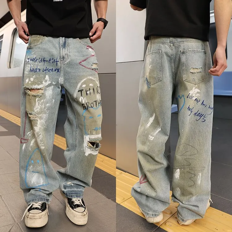 街头嘻哈个性艺术涂鸦美式牛仔裤男小众设计感潮牌高街宽松阔腿裤