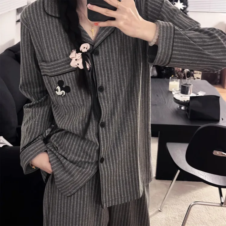 【线条米奇灰】云朵绵长袖春秋款简约条纹卡通米奇睡衣女家居服套装