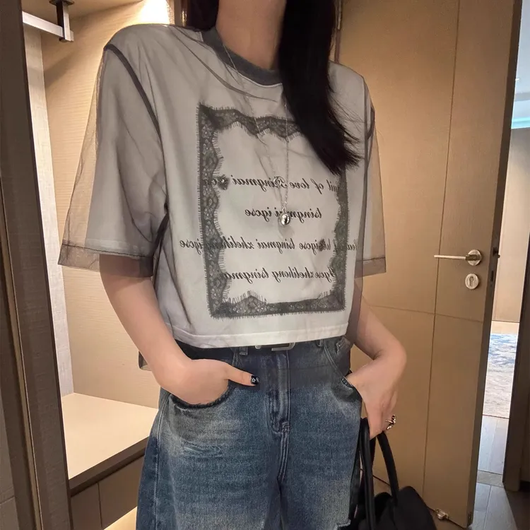 洋气设计感假两件短袖T恤女2025新款夏季网纱拼接宽松显瘦上衣