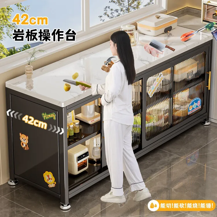 真岩板厨房置物架落地多层餐边推拉门橱柜锅柜多功能收纳储物柜子