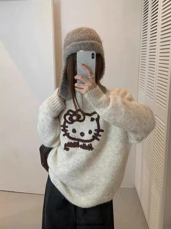 佳恩慵懒哈喽kitty圆领毛衣女秋冬宽松软糯灰色针织衫套头上衣
