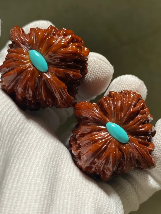 40mm高端镶嵌玉化平谷四座楼文玩核桃精对包浆手把件牛津红核桃