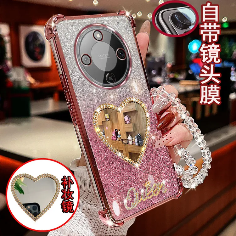 适用荣耀X70手机壳MTN-AN00镜头全包镶钻爱心补妆镜子防摔套软胶