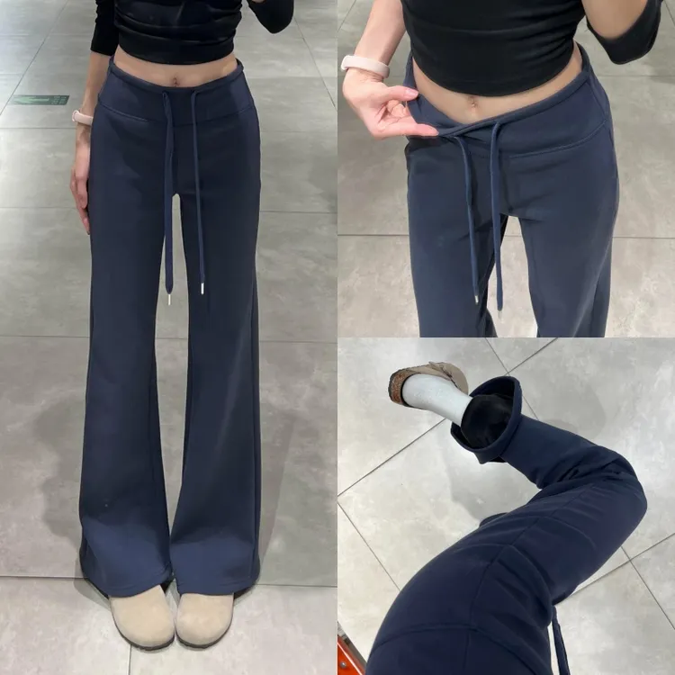 藏青色修身加绒运动裤女秋冬季2025新款高腰垂感小个子休闲直筒裤