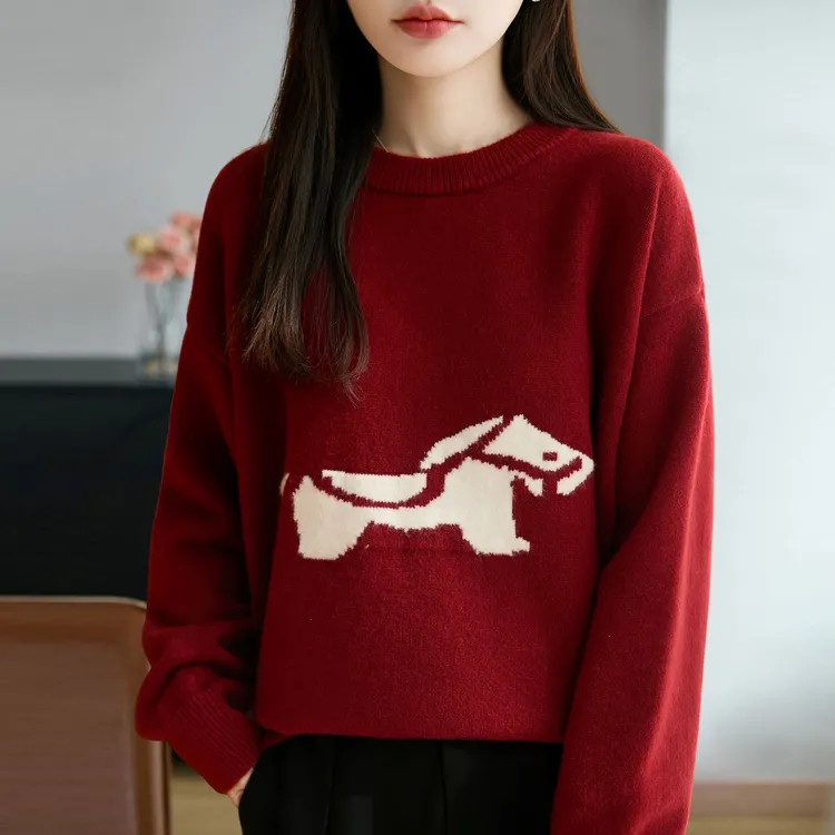 时尚品牌2026新年红色马到成功生肖提花针织衫套头内搭上衣
